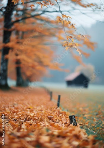 Autumn Leaves and a Distant Cabin