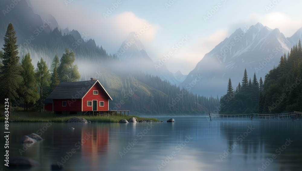 Fototapeta premium Red Cabin by Mountain Lake
