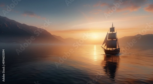 Sailboat at Sunset on a Misty Sea