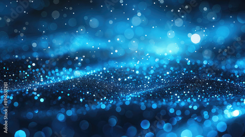 Abstract blue glowing particles background with bokeh lights and stars, dark sky-blue and indigo tones