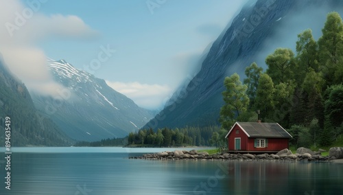 Red Cabin by a Norwegian Lake