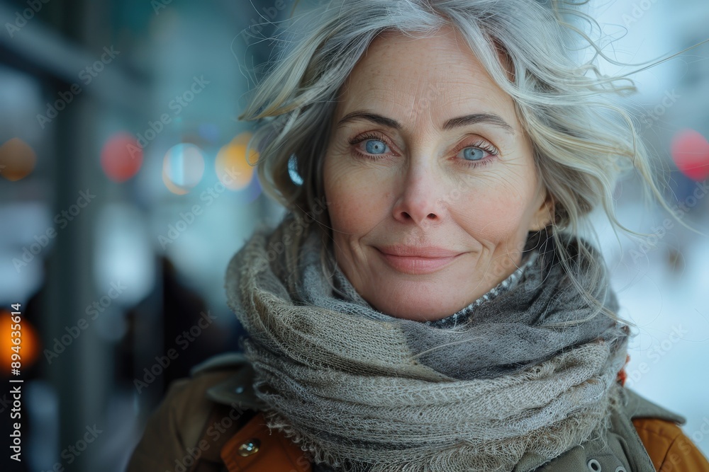 A tender and detailed portrait of an elderly woman with bright blue eyes, grey hair, and wearing a warm scarf, capturing a moment of peace and contentment in an urban setting. A tender and detailed portrait of an elderly woman with bright blue eyes, grey hair, and wearing a warm scarf, capturing a moment of peace and contentment in an urban setting.