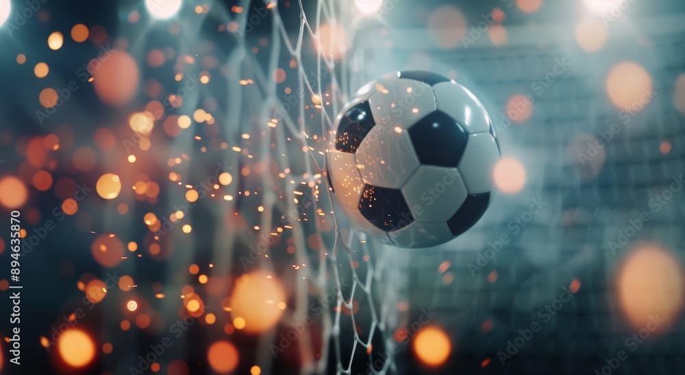 Fototapeta premium Soccer Ball In Net With Blurred Lights