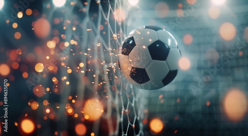 Soccer Ball In Net With Blurred Lights