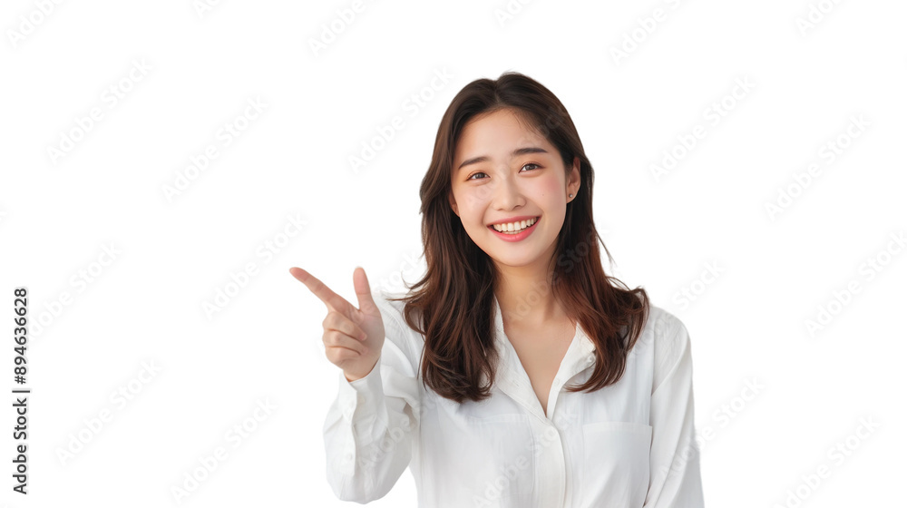 Woman smiling and pointing at copy space on side of her face,isolated on white background. Woman smiling and pointing at copy space on side of her face,isolated on white background.