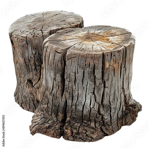 Two large tree trunks are sitting on a white background