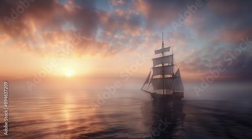 Sailboat at Sunset on a Misty Sea