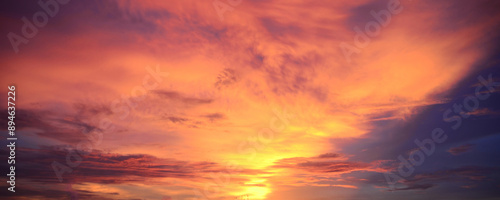 Banner Golden sky sunrise dramatic beautiful landscape view. Dawn sky gold dusk time cloudscape with sunlight. Panorama Dramatic sunset scenic landscape. Beautiful landscape nature with copy space