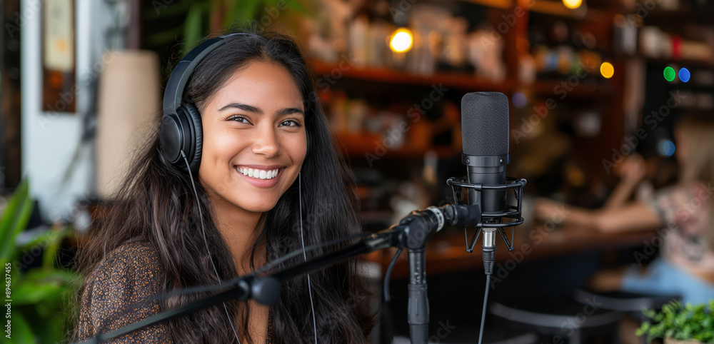 Smiling Woman with Headphones and Microphone in Studio. Smiling Woman with Headphones and Microphone in Studio.