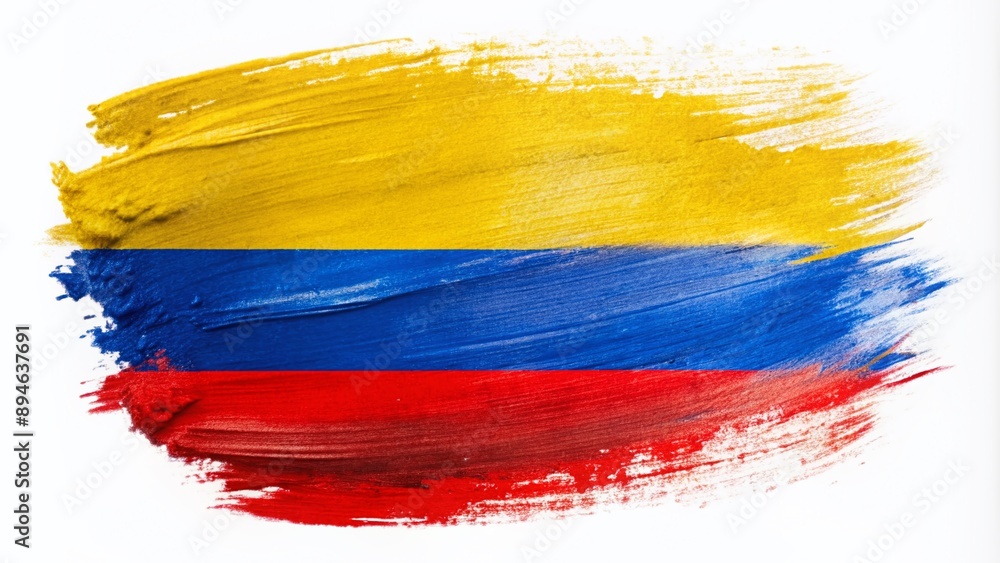 Vibrant abstract representation of Colombia's flag, created with bold brushstrokes of yellow, blue, and red hues, set against a transparent background.