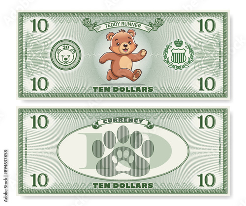 Vector illustration. Game childrens money. Obverse and reverse of 10 dollars banknote. Cartoon running Teddy runner. Animal paw prints. Denomination of ten. Part 4.