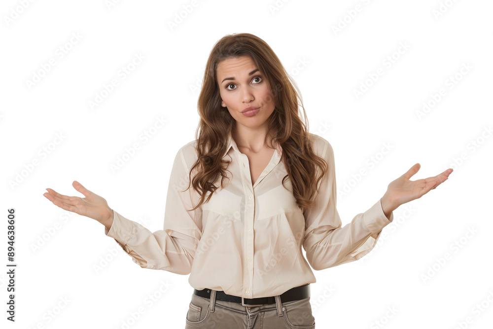 Woman shrugs,confused about something,PNG,transparent background,clipart. Woman shrugs,confused about something,PNG,transparent background,clipart.