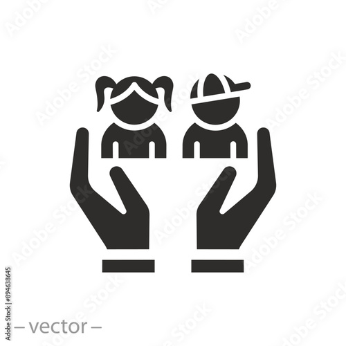 support hands cupped form icon, child protect, children safe, help or care service, family security, flat vector illustration
