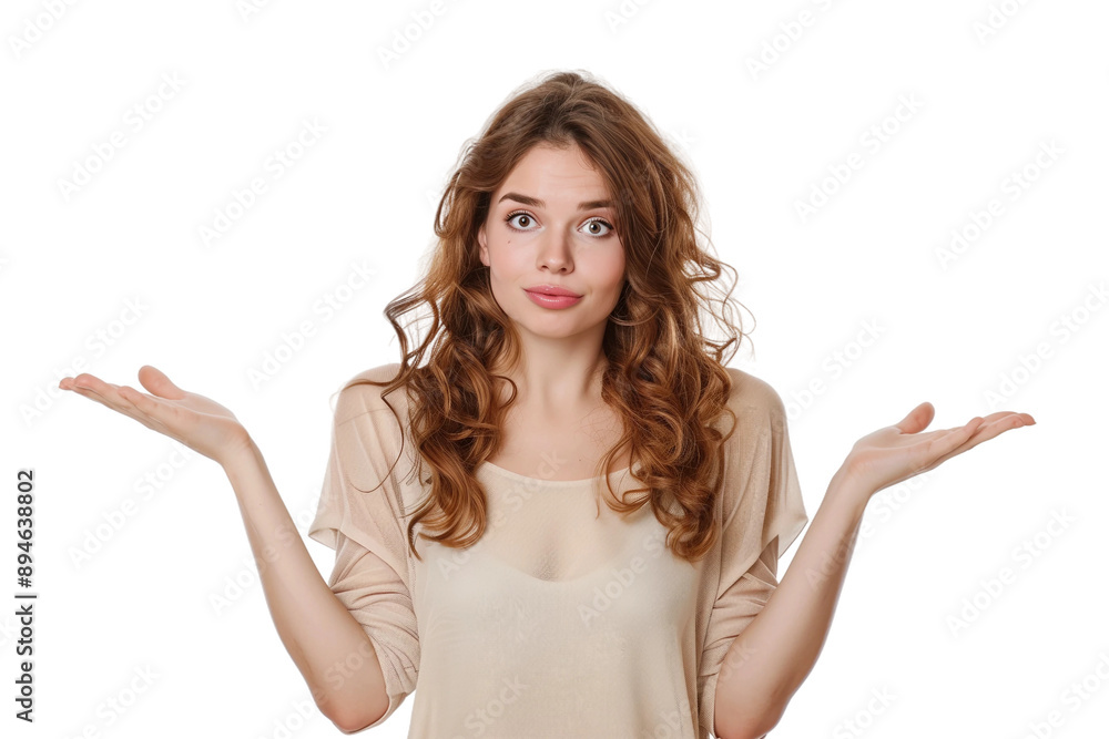 Woman shrugs,confused about something,PNG,transparent background,clipart. Woman shrugs,confused about something,PNG,transparent background,clipart.