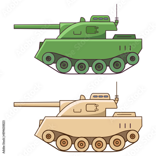 Military vehicle with gun. Armored vehicle.Weapons for modern warfare.Tank line art vector illustration.Isolated on white background.