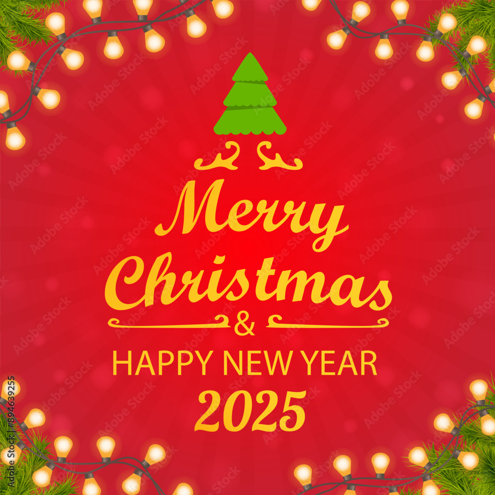 Merry Christmas and Happy New Year 2025.Christmas promotion.Decoration light garlands.Red background with decoration.Greeting card.Vector realistic illustration.Winter holiday. Merry Christmas and Happy New Year 2025.Christmas promotion.Decoration light garlands.Red background with decoration.Greeting card.Vector realistic illustration.Winter holiday.