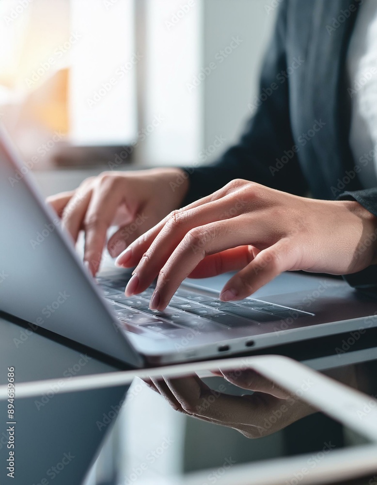 Nahaufnahme der Hand einer Geschäftsfrau beim Tippen auf der Tastatur eines Laptop-Computers, mit Reflexion auf einem digitalen Tablet auf dem Schreibtisch. Online-Arbeit, Internetsurfen, Fernarbeit, Nahaufnahme der Hand einer Geschäftsfrau beim Tippen auf der Tastatur eines Laptop-Computers, mit Reflexion auf einem digitalen Tablet auf dem Schreibtisch. Online-Arbeit, Internetsurfen, Fernarbeit,