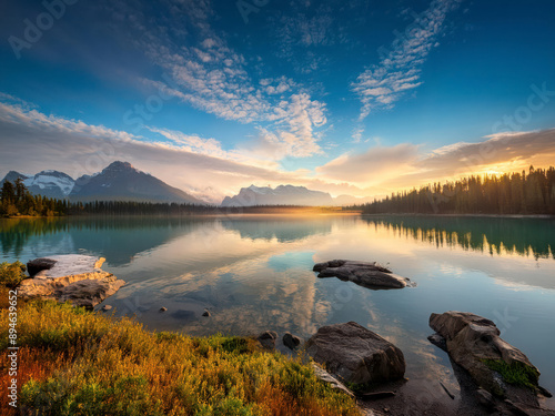 landscape with sunset and river