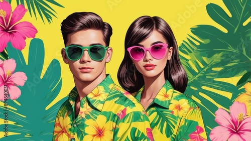 Two individuals wearing Hawaiian shirts and sunglasses s in front of a tropical background of flowers and palm leaves, with a yellow background.