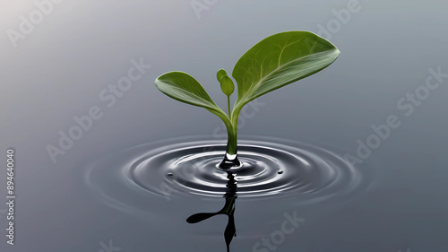 The drop briefly disappears beneath the liquid's surface, symbolizing the nurturing and growth of life. As it resurfaces, it forms a shape resembling a growing plant. photo