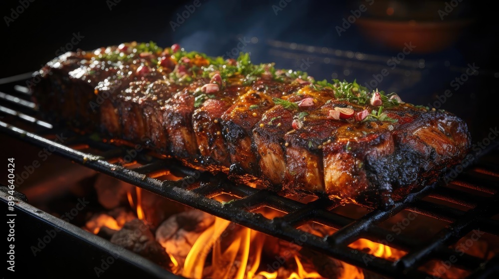 Realistic grilled barbeque with melted barbeque sauce and cut vegetables, black and blur background Realistic grilled barbeque with melted barbeque sauce and cut vegetables, black and blur background