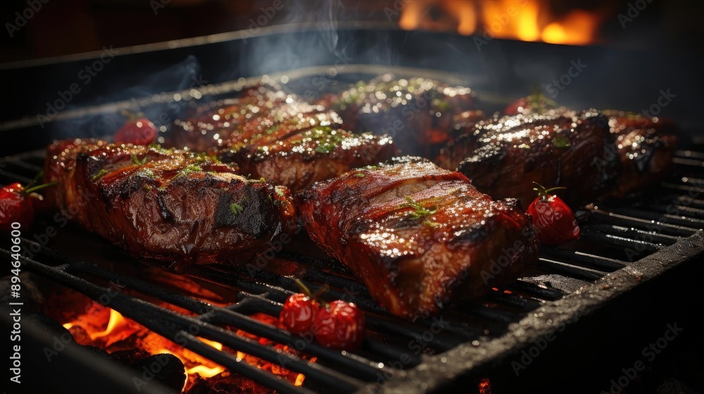 Realistic grilled barbeque with melted barbeque sauce and cut vegetables, black and blur background Realistic grilled barbeque with melted barbeque sauce and cut vegetables, black and blur background
