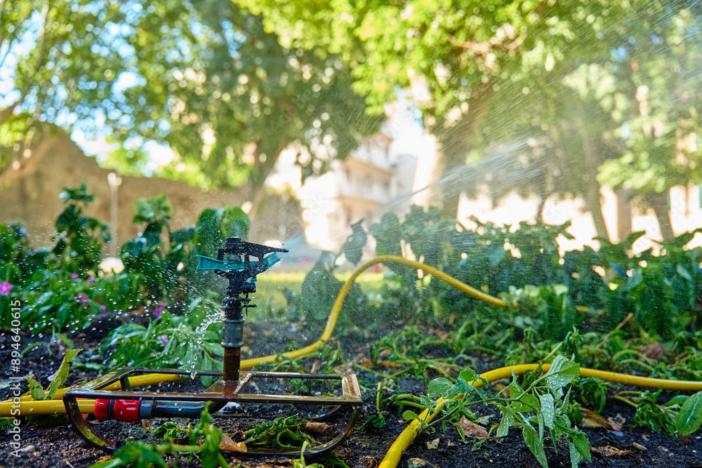 Garden sprinkler watering lush green plants in backyard with trees and grass. Irrigation system works in city on hot summer day for plant care Garden sprinkler watering lush green plants in backyard with trees and grass. Irrigation system works in city on hot summer day for plant care