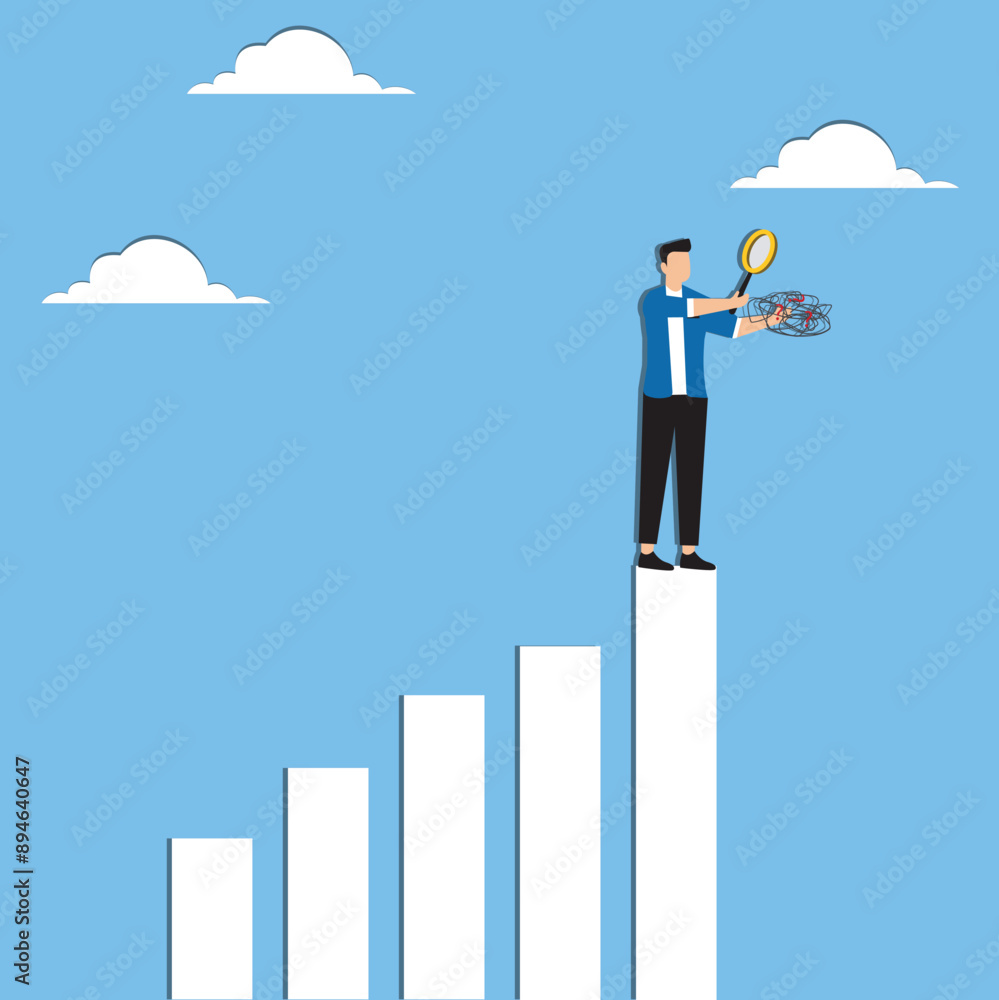 Analyze problem finding solution or opportunity, look for details to solve problem, discovery or search, root cause analysis or troubleshooting concept, businessman analyze mess with magnifying glass Analyze problem finding solution or opportunity, look for details to solve problem, discovery or search, root cause analysis or troubleshooting concept, businessman analyze mess with magnifying glass
