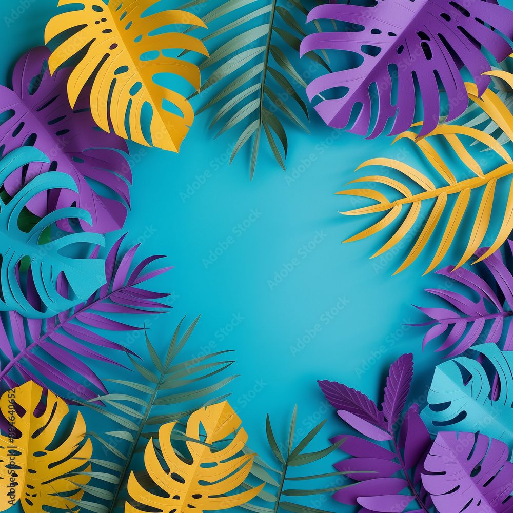 Vibrant tropical background with colorful paper cutout palm leaves and ferns on bright teal, purple and yellow color scheme, flat lay composition for summer party banner or advertising concept Vibrant tropical background with colorful paper cutout palm leaves and ferns on bright teal, purple and yellow color scheme, flat lay composition for summer party banner or advertising concept