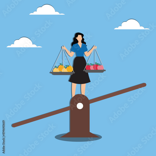 Comparison, decision to choose alternative choices, doubt or thoughtful compare good and bad things for best result, options concept, business woman compare orange and apple while balance on seesaw