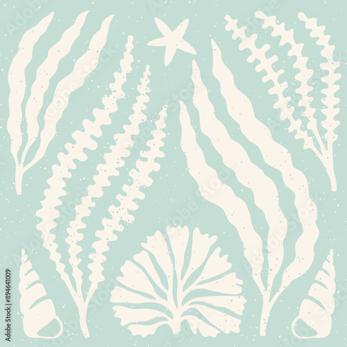 Seaweed and seashells cutouts block print. Seaweed and algae on pastel blue background sea holiday collage element set.