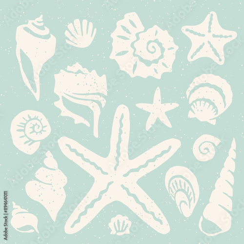 Cut out seashells square block print. Seashells cutouts on pastel blue background coastal holiday collage element set.