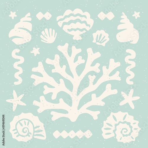 Coral and seashells square block print. Seashells cutouts on pastel blue background coastal holiday collage element set.