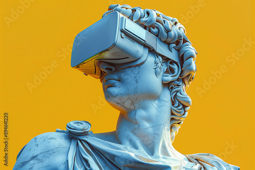 Statue head of David wearing in virtual reality 3d glasses VR, 3d illustration photo