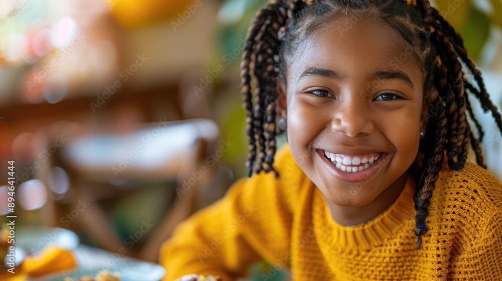 Joyful African-American girl with braids in yellow sweater at a festive Thanksgiving dinner table. American girl laughing in Thanksgiving dinner Joyful African-American girl with braids in yellow sweater at a festive Thanksgiving dinner table. American girl laughing in Thanksgiving dinner