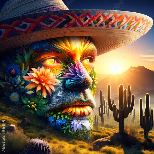 Sombrero Mexican man face montage with nature florals and cactus with a desert sunset landscape background