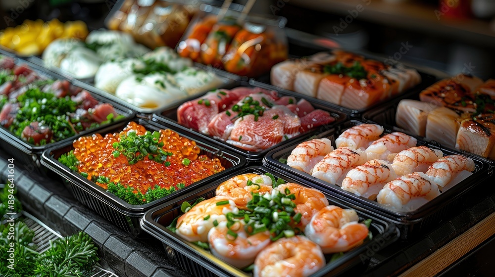 Various Raw Seafood Barbecue Ingredients Displayed In A Case, Ready For Customers To Choose Various Raw Seafood Barbecue Ingredients Displayed In A Case, Ready For Customers To Choose