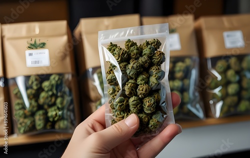 Cannabis marijuana weed bag delivery sale medical pharmacy CBD store. Cannabis plastic weed marijuana pack online isolated drug gift shop lifestyle bud sack marihuana dealer hand dispensary medicine