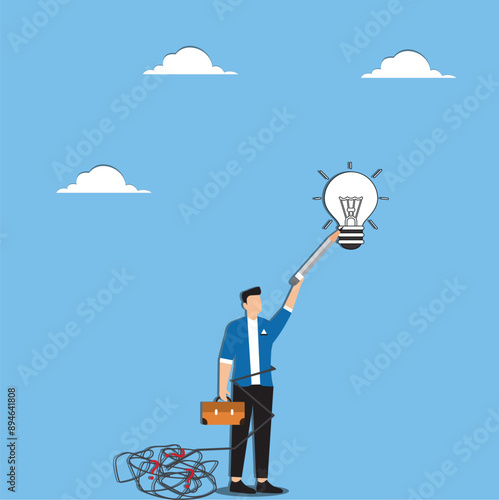 Creativity to solve problem, solution from trouble or difficulty, simplify idea from messy chaos problem, business skill solve complex obstacle concept, business man draw lightbulb from messy knot