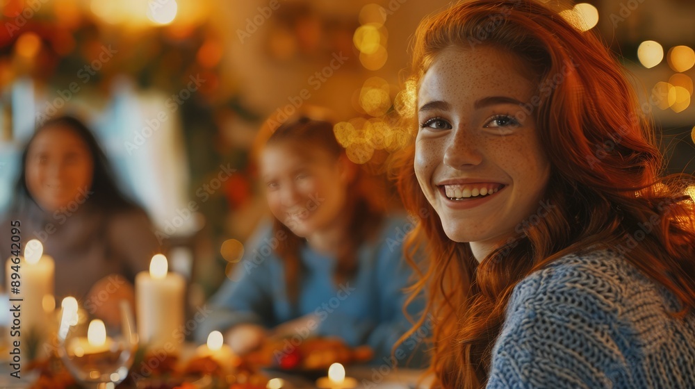 Joyful American girl with auburn hair caught laughing at a beautifully set Thanksgiving table. American girl laughing in Thanksgiving dinner Joyful American girl with auburn hair caught laughing at a beautifully set Thanksgiving table. American girl laughing in Thanksgiving dinner