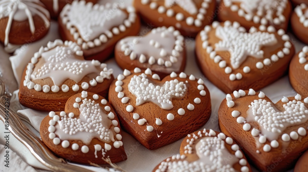 Delicious heart shaped gingerbread cookies with sour cream and spikelets are arranged Delicious heart shaped gingerbread cookies with sour cream and spikelets are arranged