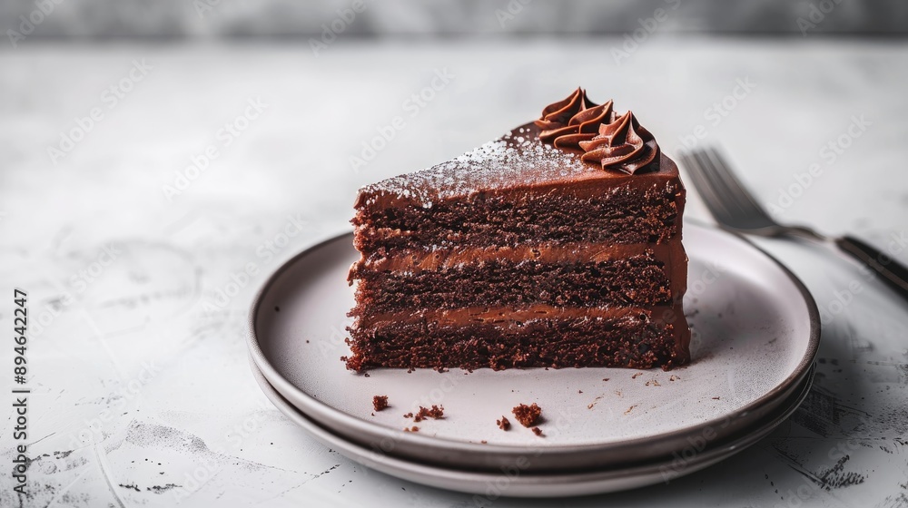 Delicious homemade chocolate cake on a white grey backdrop Delicious homemade chocolate cake on a white grey backdrop