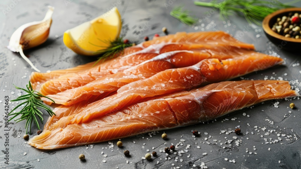 Delicious smoked fish on a flat grey surface Delicious smoked fish on a flat grey surface