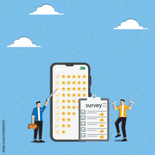 Customer survey, feedback to improve service, online and offline survey, review or poll rating, user satisfaction report or questionnaire concept, man with survey on clipboard paper, mobile and email