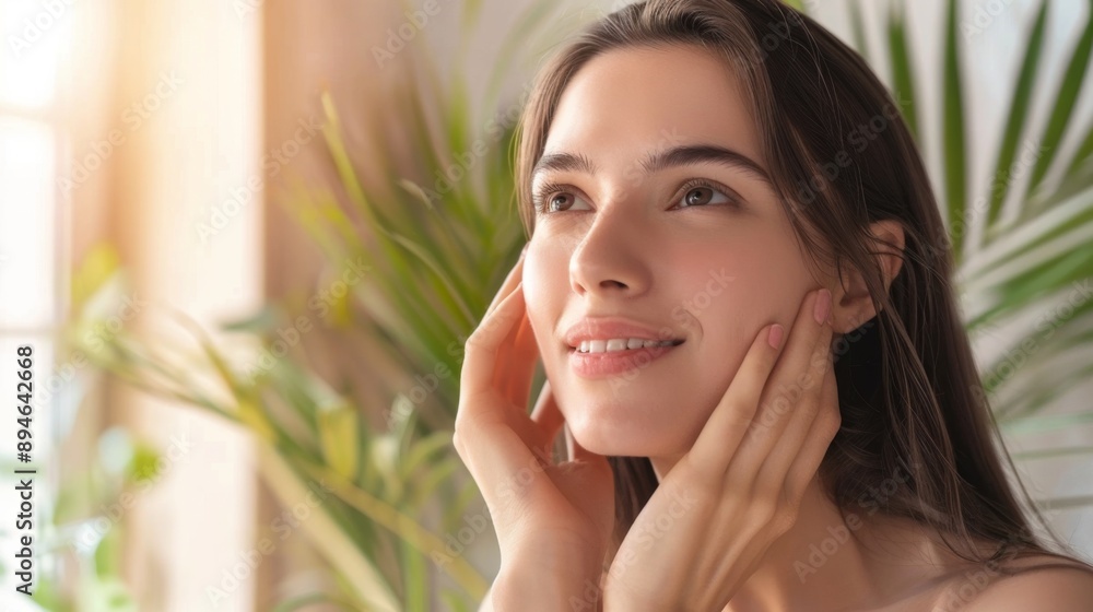 A woman looking in the mirror with satisfaction, touching her smooth and radiant complexion. A woman looking in the mirror with satisfaction, touching her smooth and radiant complexion.