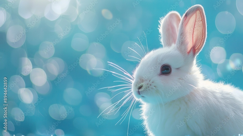 Obraz premium Adorable White Rabbit with Blue Bokeh Background