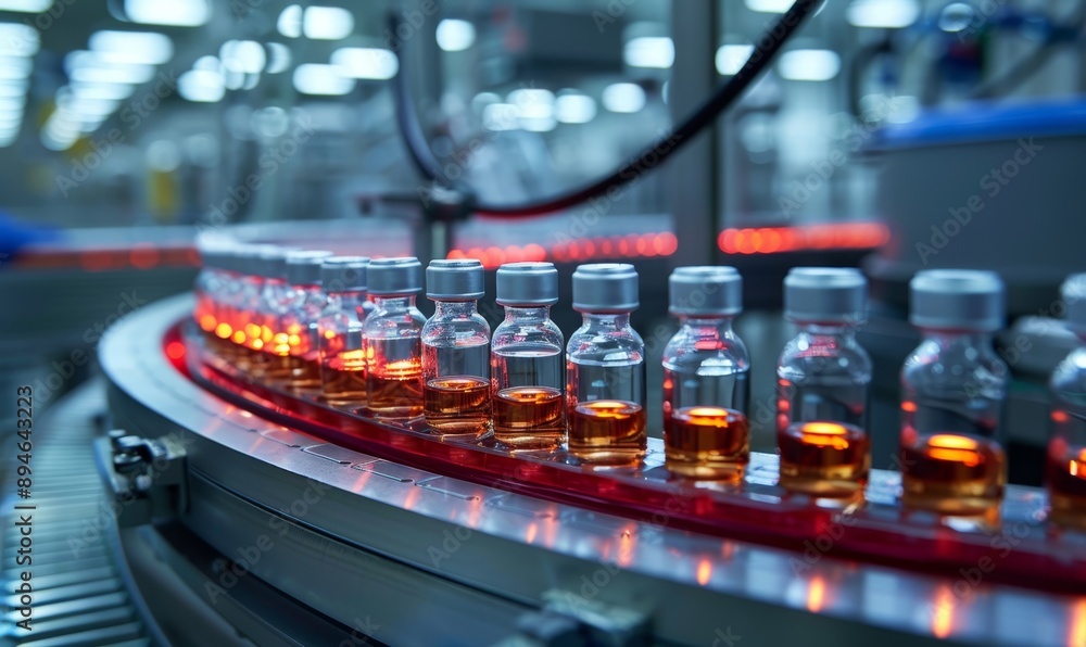 Medical vials on production line at pharmaceutical factory, Pharmaceutical machine working pharmaceutical glass bottles production line Medical vials on production line at pharmaceutical factory, Pharmaceutical machine working pharmaceutical glass bottles production line