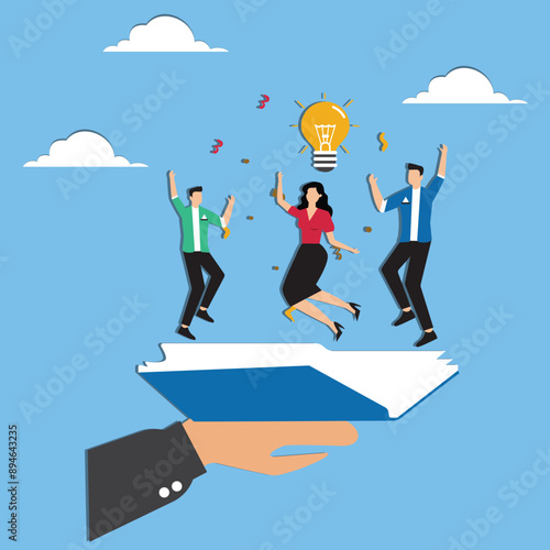Employee handbook, manual for onboarding new staff, procedure or rule for welcome new hire to know company, business manual for success concept, businessman hand holding handbook with new employees