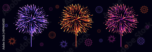 Night fireworks. A blinding blast of bright lights. Holiday, event, festival. Shining fireworks icon. Explosion, falling sparks, fire, rockets, firecracker, sparklers. Night blazing flash. Vector 3D.
