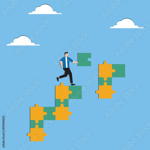 Complete jigsaw puzzle to solve business problem, solution or connection for business achievement, challenge and accomplishment concept, businessman complete last missing jigsaw puzzle piece